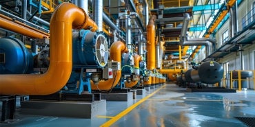 Air to water heat pumps on a factory floor.