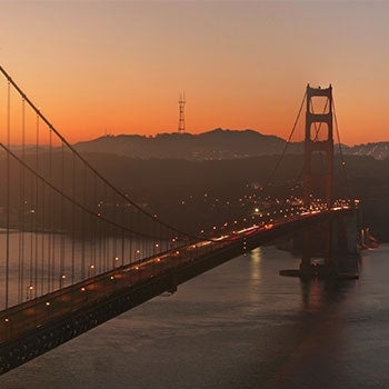 View of Bay Area's Golden Gate Bridge at dusk.