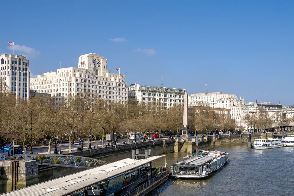 Facade of 80 Strand next to the River Thames, London from Street Level