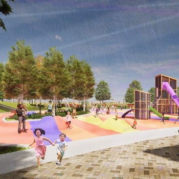 Architectural rendering of a park during the day with children playing