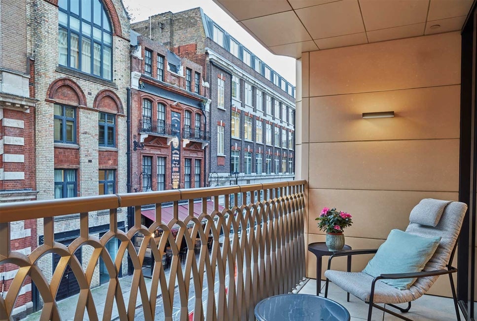 Apartment balcony looking out over the street at Marylebone Square, London.