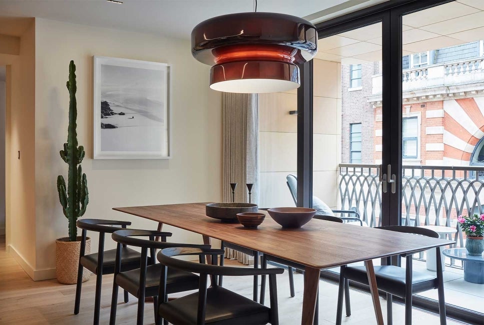 Interior of apartment at Marylebone Square, London, with a dining room table in shot.