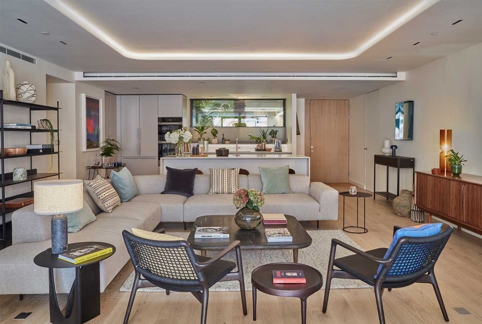 Living room interior with soft furnishings at Marylebone Square, London.