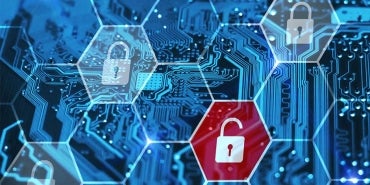 Graphic depicting cybersecurity. Hexagonal shapes with unlocked padlocks showing on a blue background.