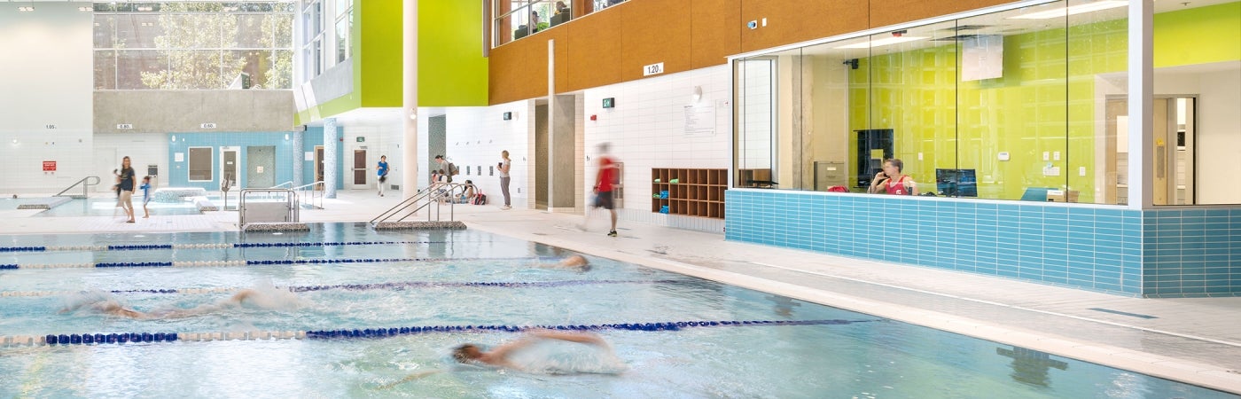 professional architectural photograph of the indoor swimming pools for lap swimming at Delbrook Community Recreation Centre in North Vancouver, Canada 