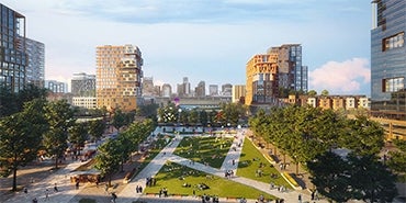 rendering of waterfront park with high-rises in background