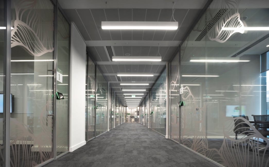 Corridor with glass walled meeting rooms