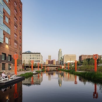 riverfront reflection at Gene Leahy Mall