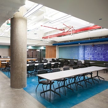 Tables and chairs in a break room