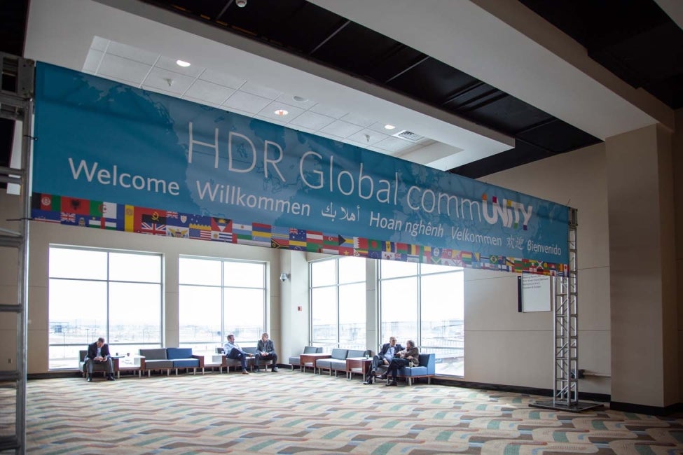 HDR water conference welcome sign in numerous languages