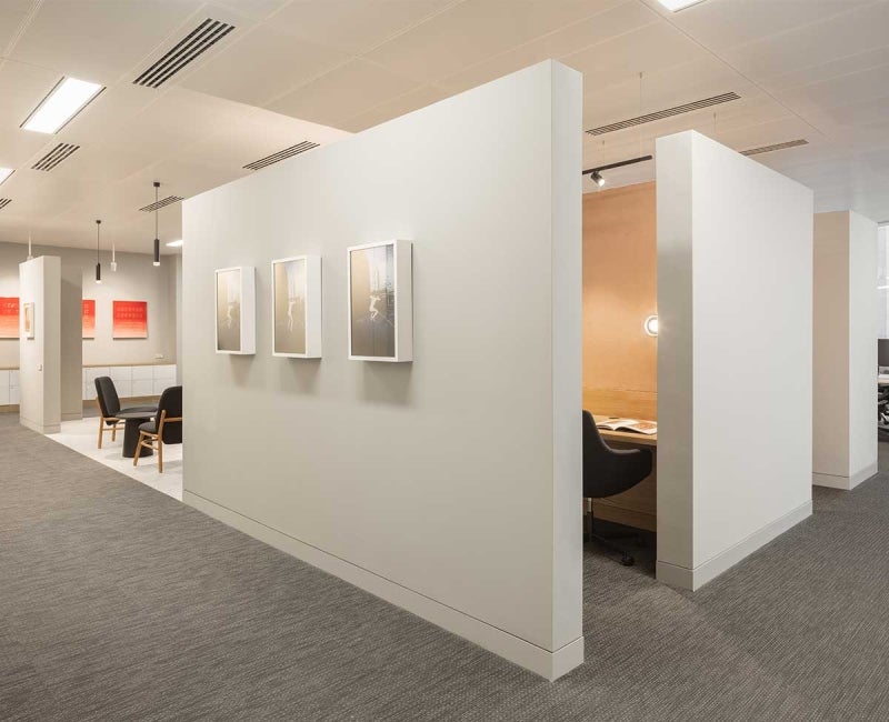 Office space at 22 Bishopsgate in London. Artwork is fixed to the wall.