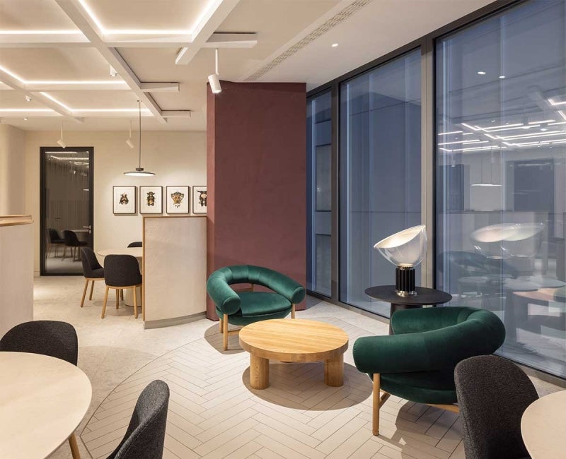 Interior of communal space at Hiscox office at 22 Bishopsgate. 