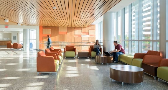 Houston Community College Coleman Health Sciences building hallway and student lounge area