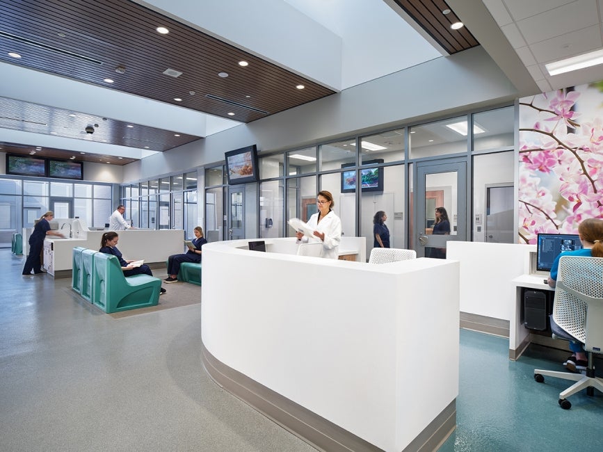 front desk with chairs and tables