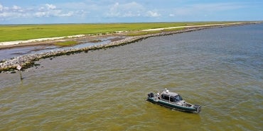 Aerial view of Rockefeller Wildlife Refuge shoreline in Cameron, Louisiana.