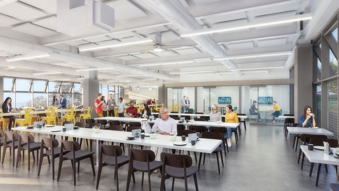 Architectural rendering of people eating in a cafeteria in a modern building