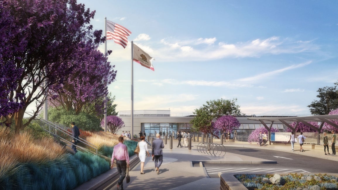 Architectural rendering of people walking up to a building, with two flagpoles in the forefront 