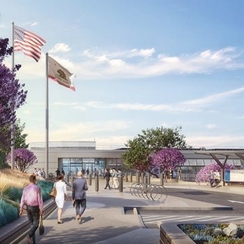 Architectural rendering of people walking up to a modern building, with two flagpoles in front of the building