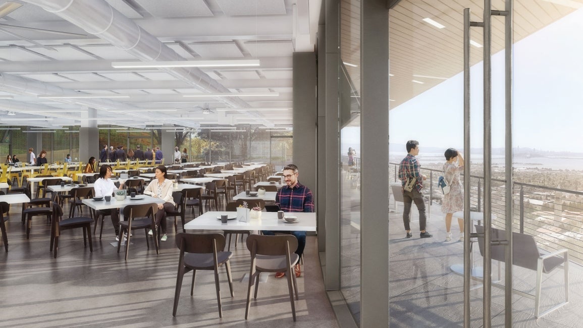 Architectural rendering of a cafeteria, and people standing on the terrace outside looking out at the view