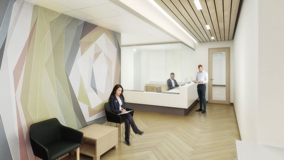 Architectural rendering of someone sitting in a waiting area in a modern office