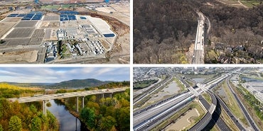 Photo collage of EchoWater Program Management, Fern Hollow Bridge Replacement, I-91 Rockingham Bridges and Interstate 4 Ultimate Improvements projects who received ASCE OCEA Awards.