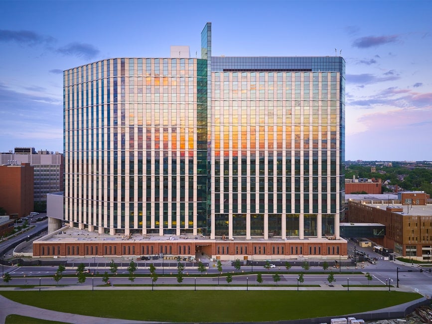 The Ohio State University Wexner Medical Center New Hospital Tower Facade at Sunset