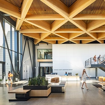 architectural photograph of the lobby within Orange County Sanitation District Headquarters Complex