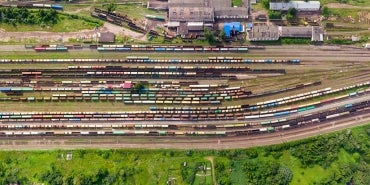 rail cars on tracks from overhad