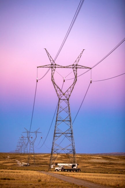 portrait image of gateway west transmission lines at dusk