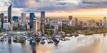 Aerial panoramic view of the beautiful city of Perth at sunrise