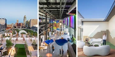 Left to right image collage of the Gene Leahy Mall, Kiewit Luminarium and Riverside Mental Helth and Recovery Center Psychiatric Emergency Department