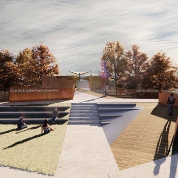 Architectural rendering of outdoor park pathway, depicting entry point to the pier.