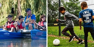 Campers in a kayak and two boys playing football