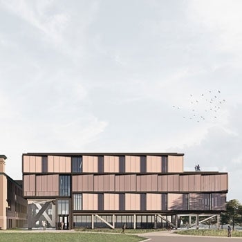 Architectural rendering of a building with staggered panels on a college campus