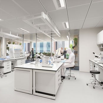 Architectural rendering of a laboratory with floor-to-ceiling windows and a scientist working