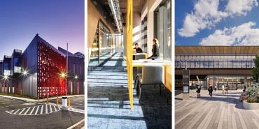 collage of three HDR projects including the Merlot 3 Data Center, Western Sydney University Bankstown City Campus and the Ontario Line Leslieville Station