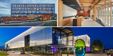 photo collage featuring three professional photographs of both kiewit luminarium exterior and exteriror and interior photo of canadian nuclear labs new builds