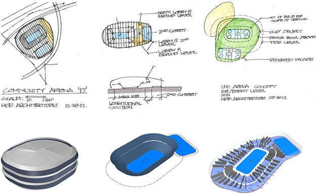 Baxter Arena UNO massing and sketch diagrams