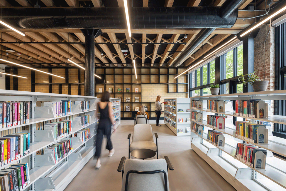 A photo of the circulation space at the Omaha Public Library Downtown Branch