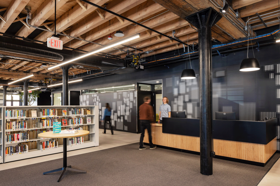 A photo of the reception desk at the Omaha Public Library Downtown Branch