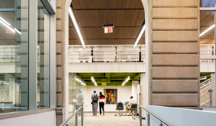 view of where old building connects to the new library and learning commons at the community college of Philadelphia