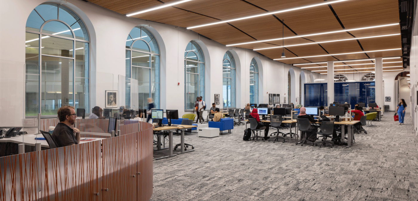 interior view of the reading room filled with students at the community college of Philadelphia new library and learning commons