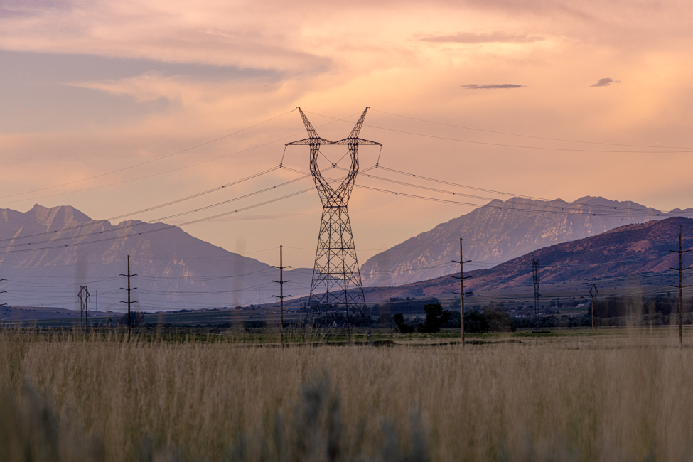 Transmission line in front of mountains