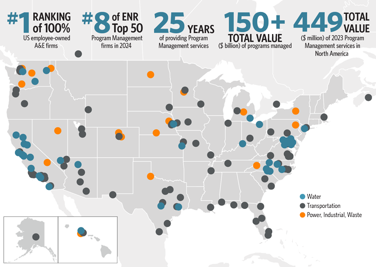 HDR program management map and statistics. Ranked number 8 by Engineering News-Record.