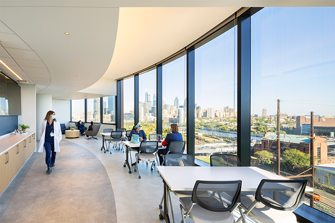 The Pavilion at the Hospital of the University of Pennsylvania Staff Respite Area with View to Philadelphia Skyline