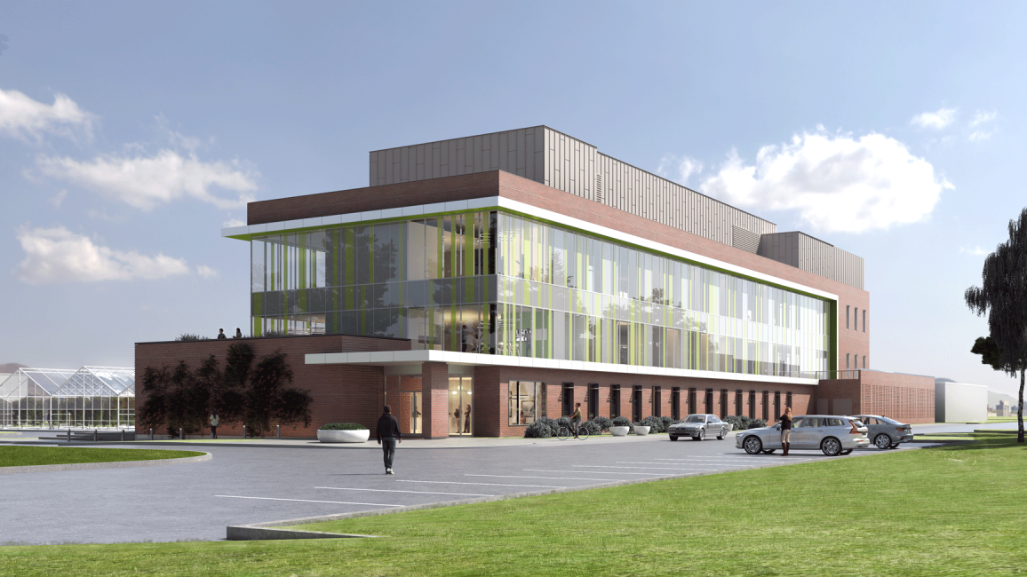 An exterior rendering of the USDA National Grape Innovation Lab Building with visibility into the building and pedestrian activity outside.