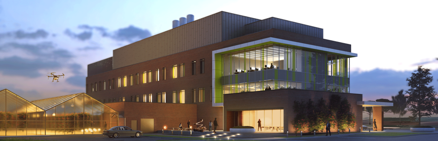 An exterior rendering of the USDA National Grape Innovation Lab Building at night with people meeting in the second floor conference room, pedestrian activity outside, and a drone flying near the facility. 